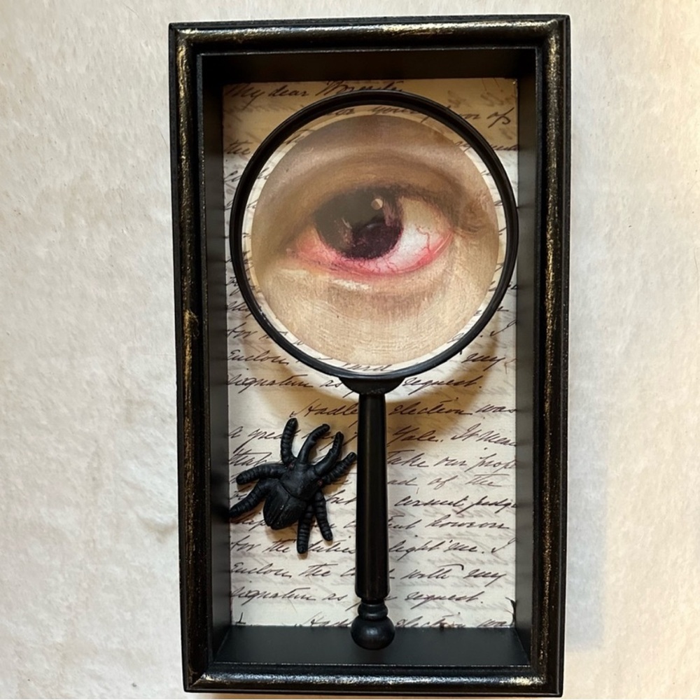 Creepy Spooky Halloween Picture With Bloodshot Eye, Magnifying Glass, & Spider